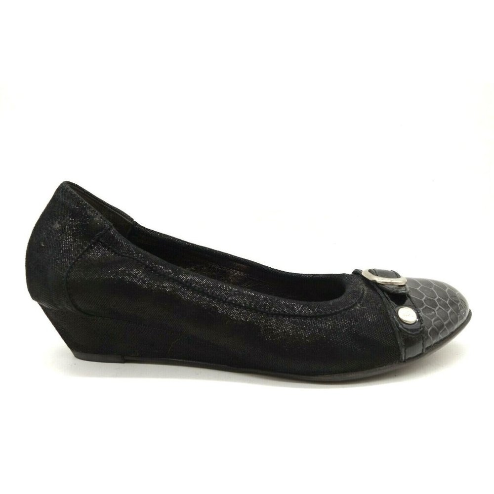 AGL Black Shimmer Snakeskin Print Cap Toe Buckle Wedge Shoes Women's 37 / 7